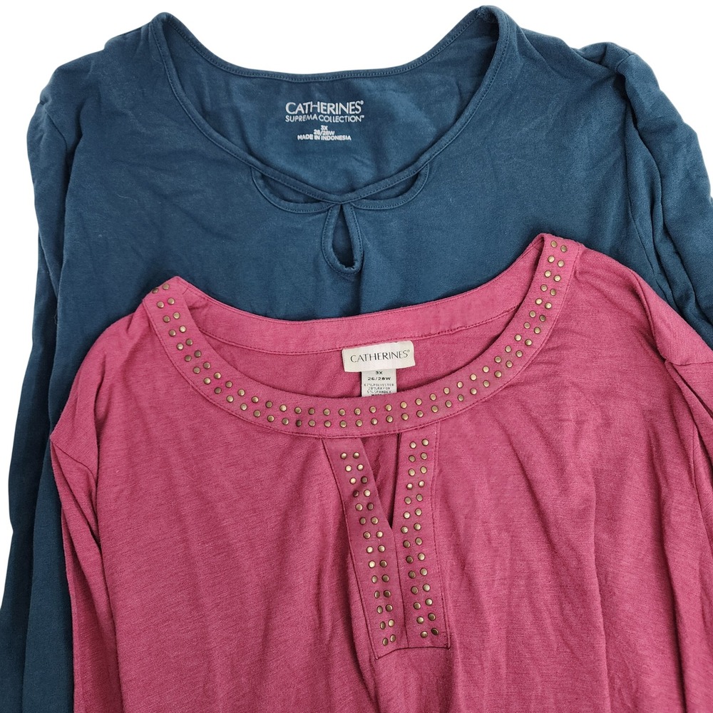 Catherines Knit Top Lot Women 3X Blue Pink Studded Keyhole 3/4 Sleeve Tunic